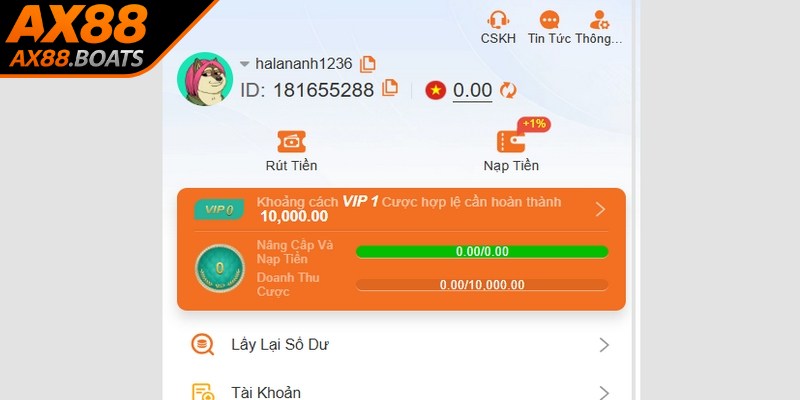 Một tài khoản hợp lệ là điều kiện chính để thực hiện nạp tiền AX88
